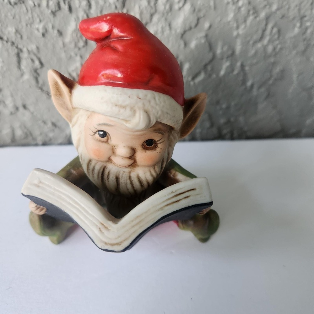 Vintage Homco Reading Elf Figurine 5406 Porcelain Bisque Christmas Gnome Decor
